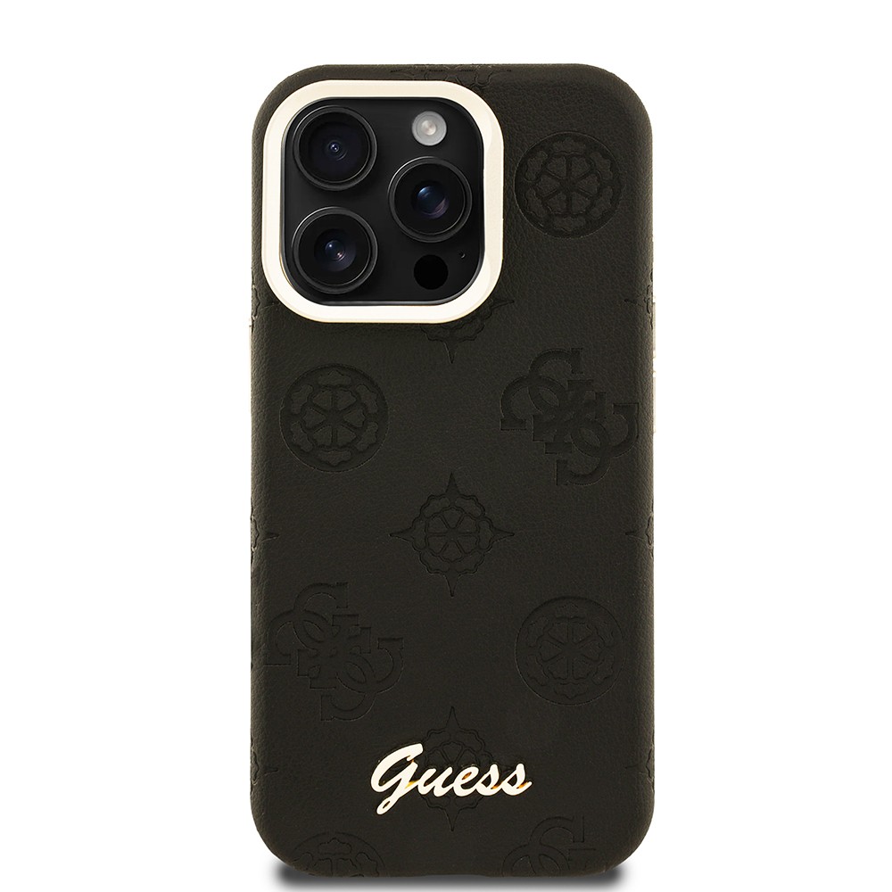 Apple iPhone 15 Pro Max Kılıf Guess Orjinal Lisanslı M-safe Şarj Özellikli Sıcak Baskılı Yazı Logolu Kamera Standlı PU Deri Peony Kapak
