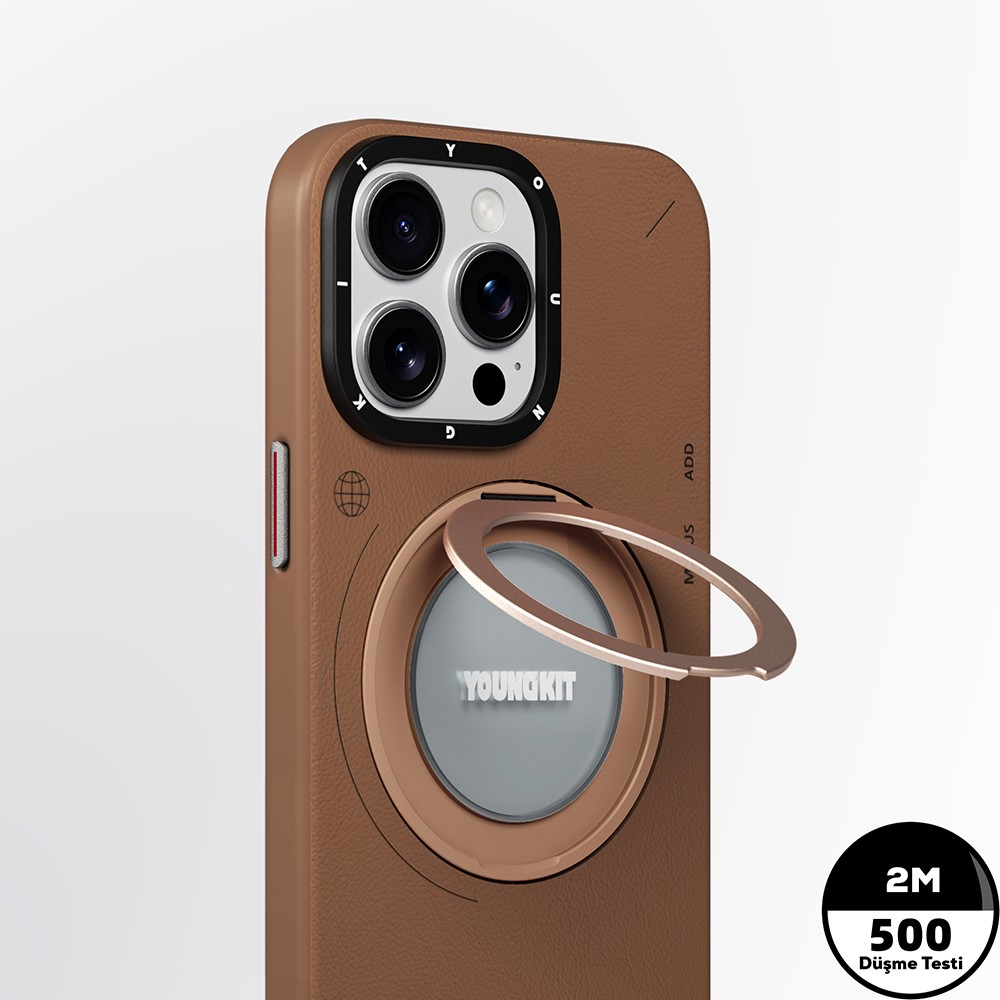 iPhone 15 Pro Max Kılıf Magsafe Şarj Özellikli 360° Standlı Basit Mat Deri Desenli Youngkit Tech Leather Serisi Kılıf