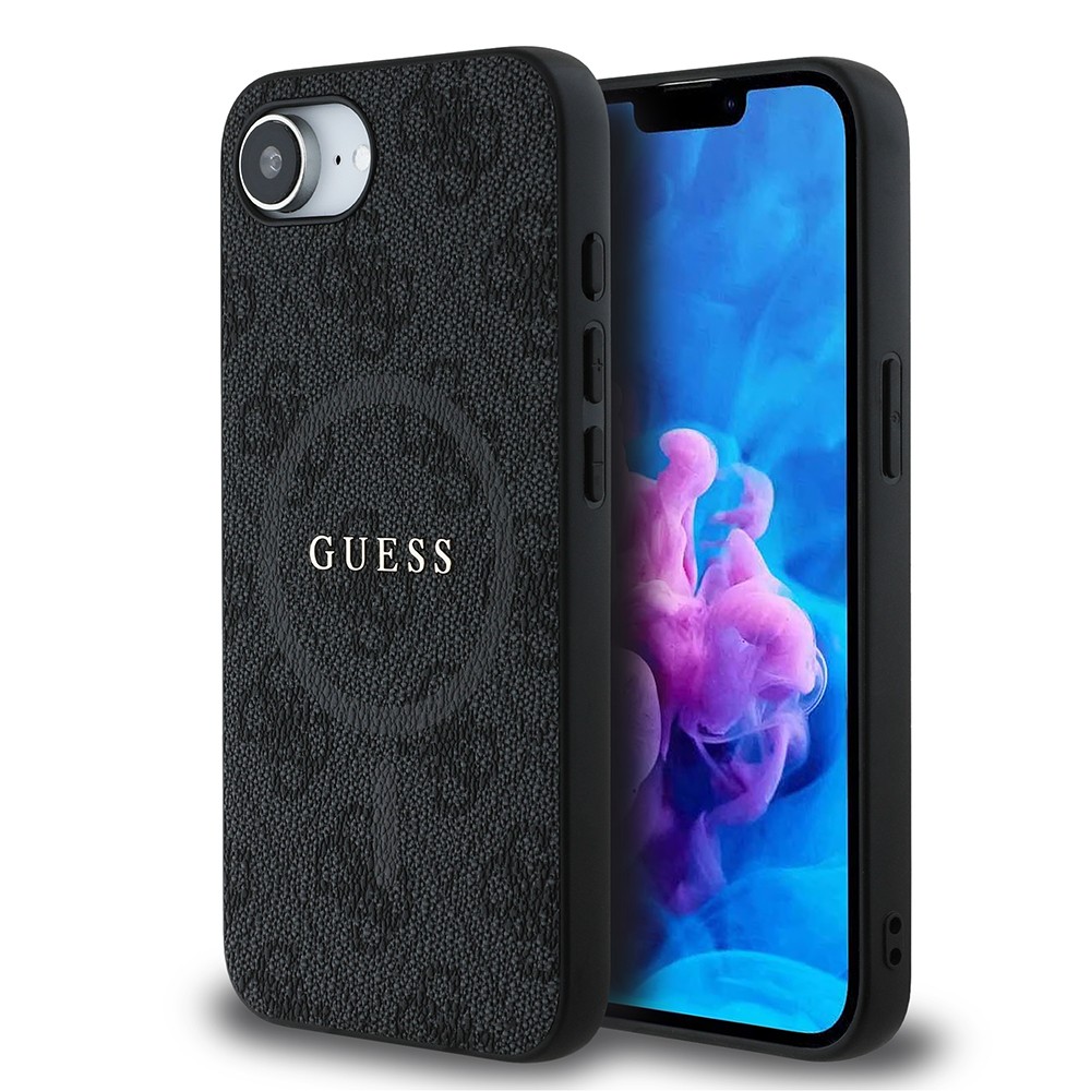 Apple iPhone 16E Kılıf Guess Orjinal Lisanslı M-safe Şarj Özellikli PU Halkalı 4G Desenli Yazı Logolu Kapak