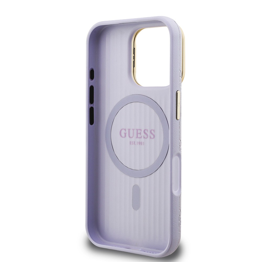 Apple iPhone 16 Pro Max Kılıf Guess Orjinal Lisanslı M-safe Şarj Özellikli Sıcak Baskılı Yazı Logolu Kamera Standlı PU Deri Peony Kapak