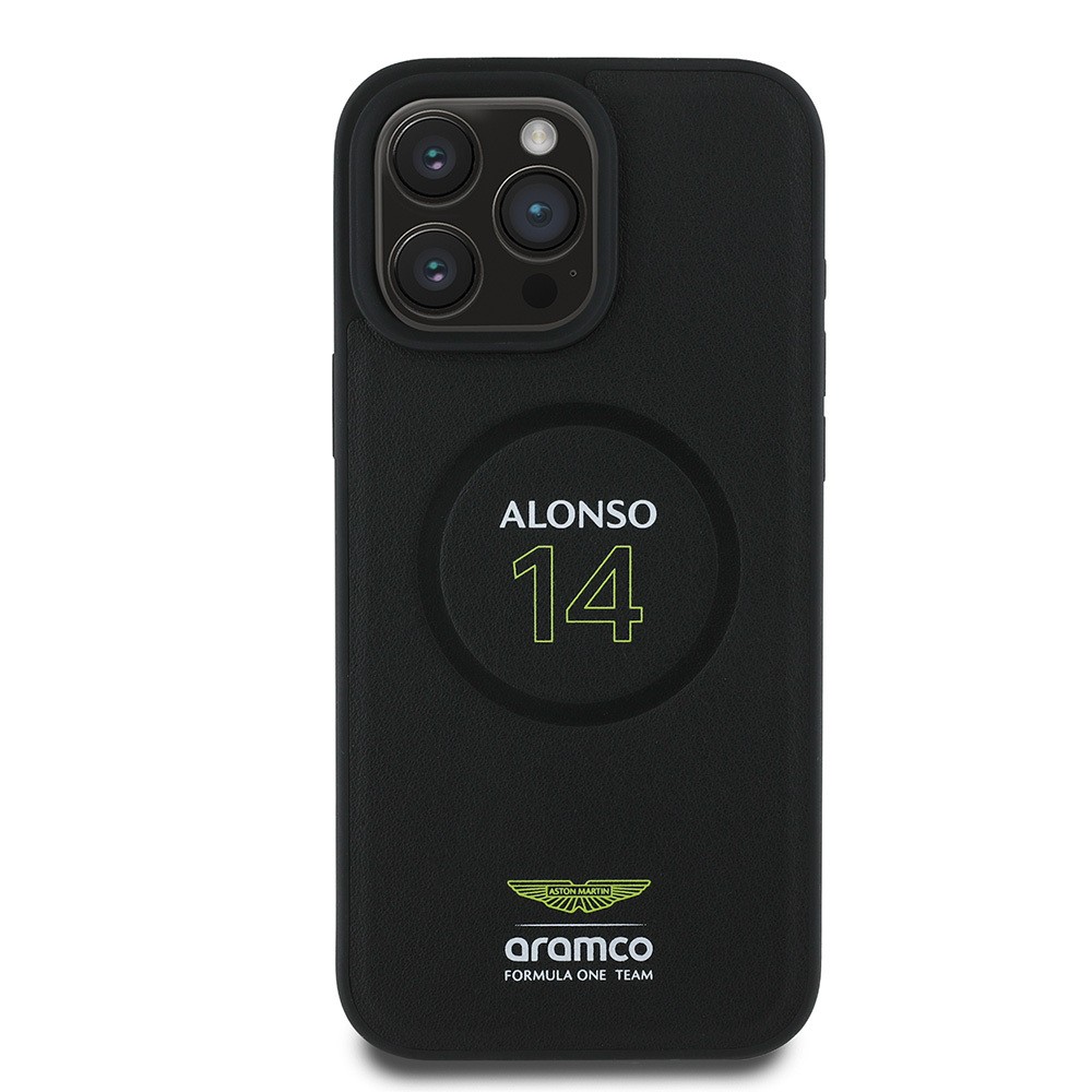 Apple iPhone 16 Pro Max Kılıf Aston Martin Orjinal Lisanslı M-safe Şarj Özellikli PU Deri Alonso 14 Baskılı Kapak