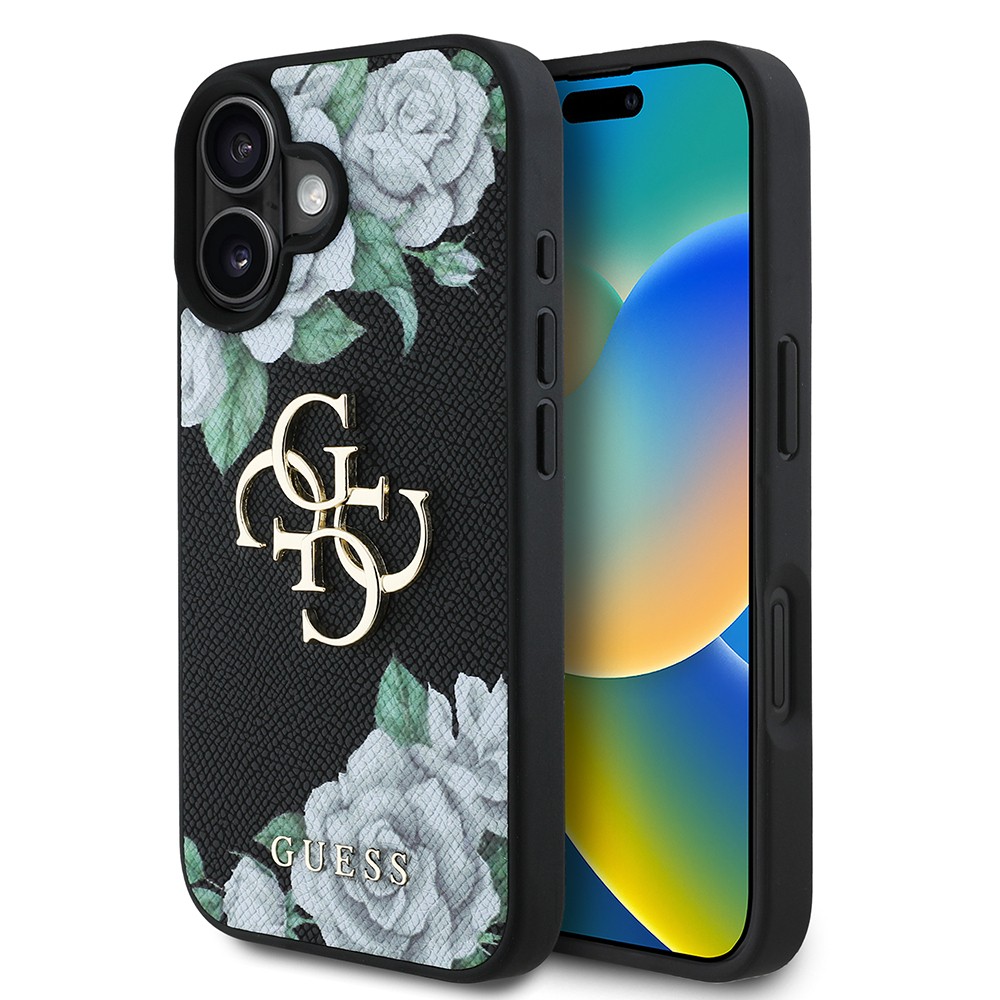 Apple iPhone 16 Kılıf Guess Orjinal Lisanslı Gül Baskılı Büyük Metal Logo Dizaynlı Kapak