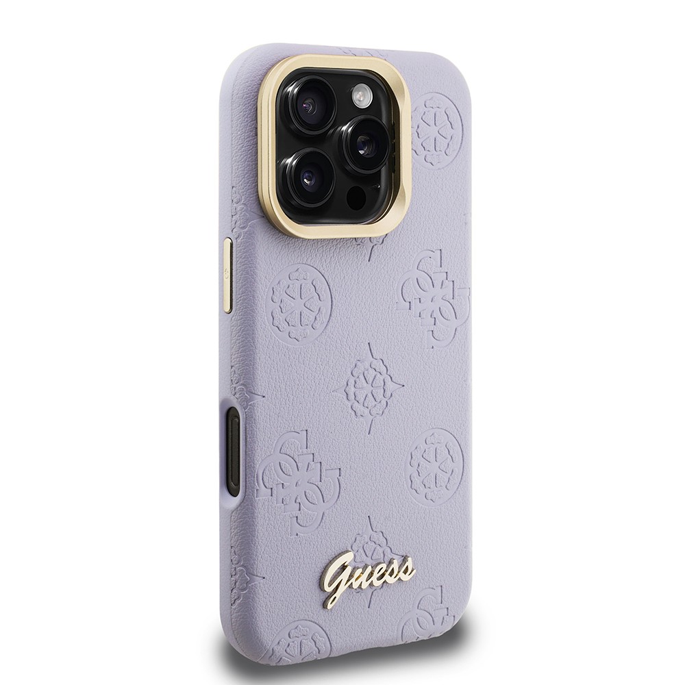 Apple iPhone 16 Pro Max Kılıf Guess Orjinal Lisanslı M-safe Şarj Özellikli Sıcak Baskılı Yazı Logolu Kamera Standlı PU Deri Peony Kapak