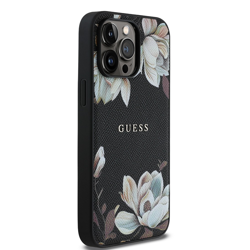 Apple iPhone 14 Pro Max Kılıf Guess Orjinal Lisanslı M-safe Şarj Özellikli Taneli Çiçek Tasarımlı Metal Yazı Logolu Kapak