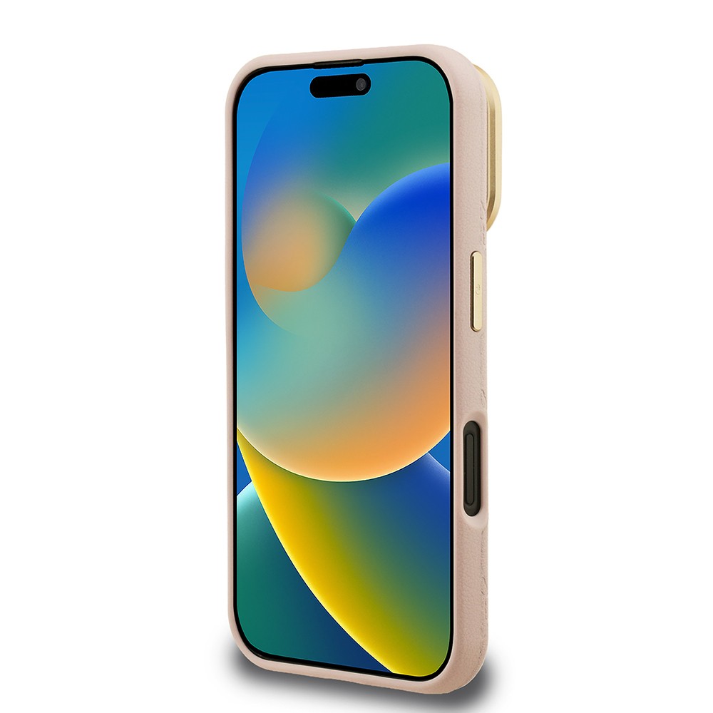 Apple iPhone 16 Kılıf Guess Orjinal Lisanslı M-safe Şarj Özellikli Sıcak Baskılı Yazı Logolu Kamera Standlı PU Deri Peony Kapak