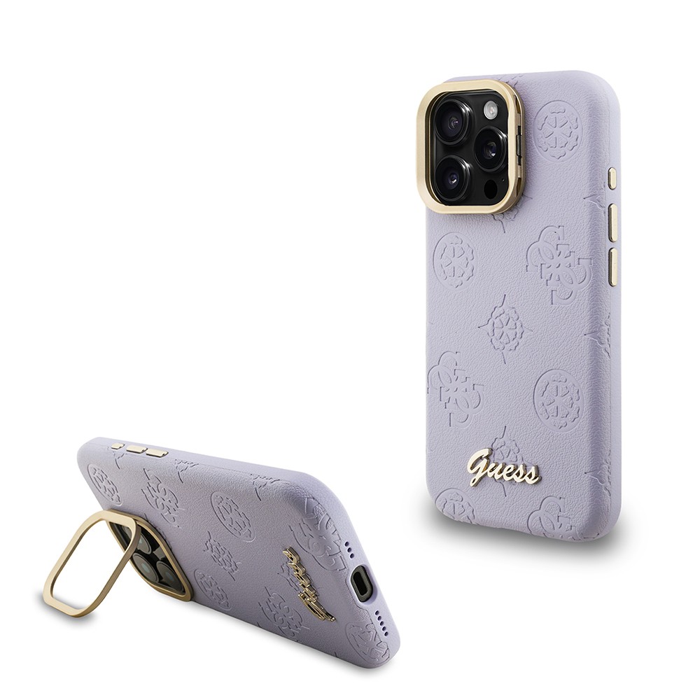 Apple iPhone 16 Pro Max Kılıf Guess Orjinal Lisanslı M-safe Şarj Özellikli Sıcak Baskılı Yazı Logolu Kamera Standlı PU Deri Peony Kapak