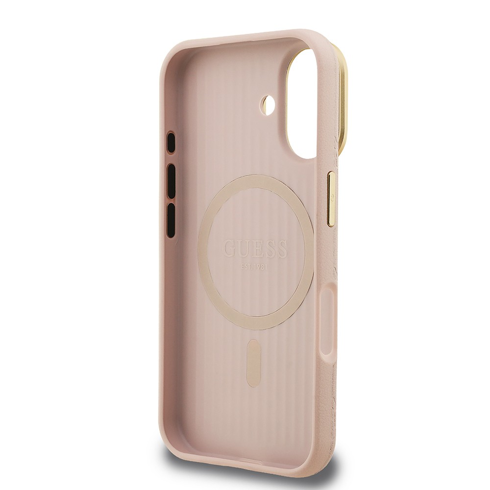 Apple iPhone 16 Kılıf Guess Orjinal Lisanslı M-safe Şarj Özellikli Sıcak Baskılı Yazı Logolu Kamera Standlı PU Deri Peony Kapak