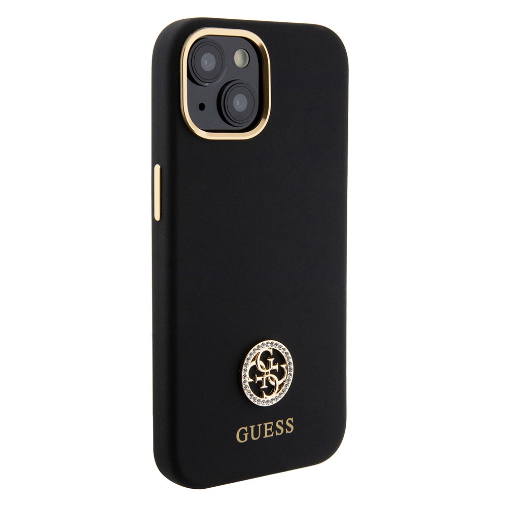 Apple iPhone 15 Kılıf Guess Orjinal Lisanslı Yazı ve Taşlı 4G Logolu Metal Kamera Çerçeveli Silikon Kapak