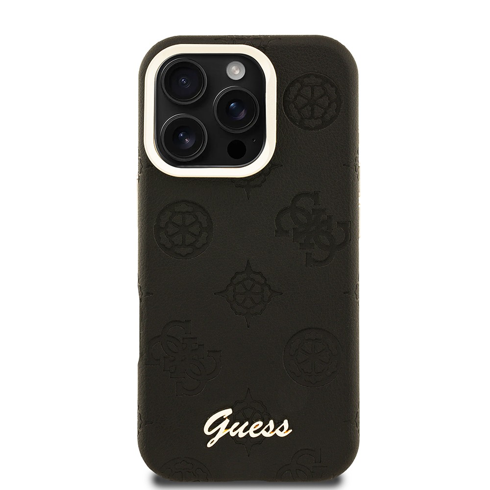 Apple iPhone 16 Pro Kılıf Guess Orjinal Lisanslı M-safe Şarj Özellikli Sıcak Baskılı Yazı Logolu Kamera Standlı PU Deri Peony Kapak