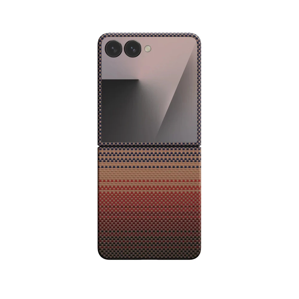 Galaxy Z Flip 7 Kılıf M-safe Şarj Özellikli Aramid Fiber Pitaka Tactile Woven Sunset-Moonrise Serisi Kapak