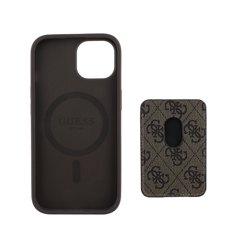 Apple iPhone 15 Kılıf Guess Orjinal Lisanslı M-safe Şarj Özellikli 4G Desenli Çizgili Kartlıklı Kapak