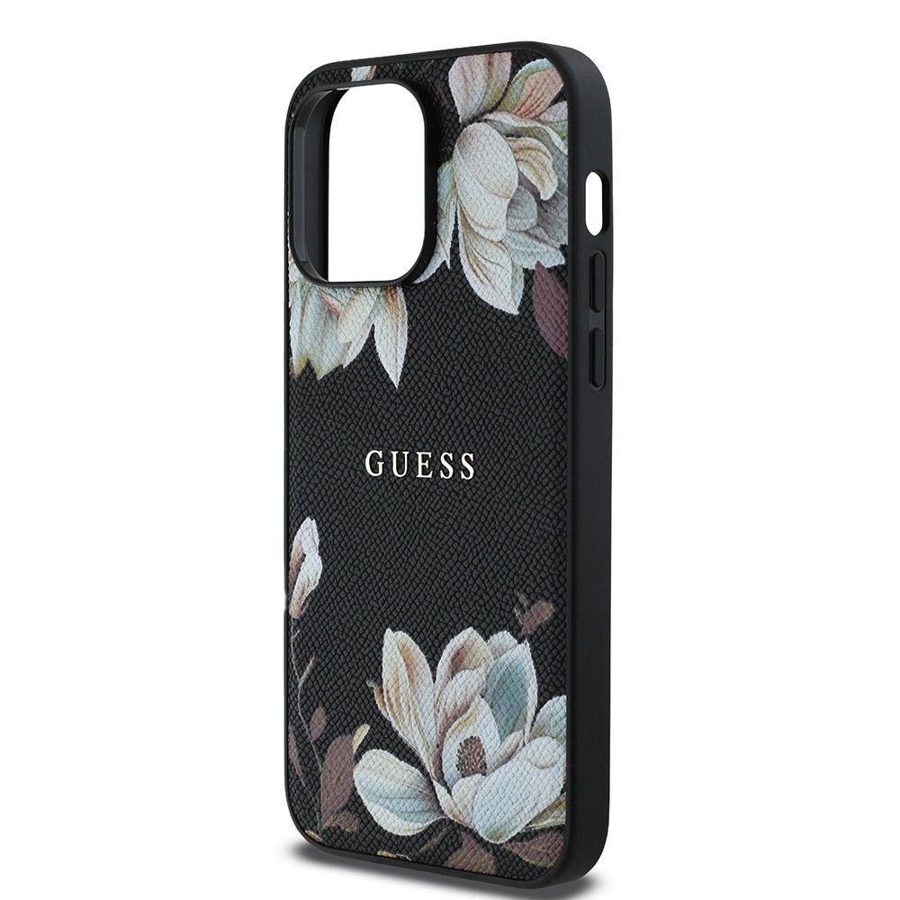 Apple iPhone 14 Pro Max Kılıf Guess Orjinal Lisanslı M-safe Şarj Özellikli Taneli Çiçek Tasarımlı Metal Yazı Logolu Kapak