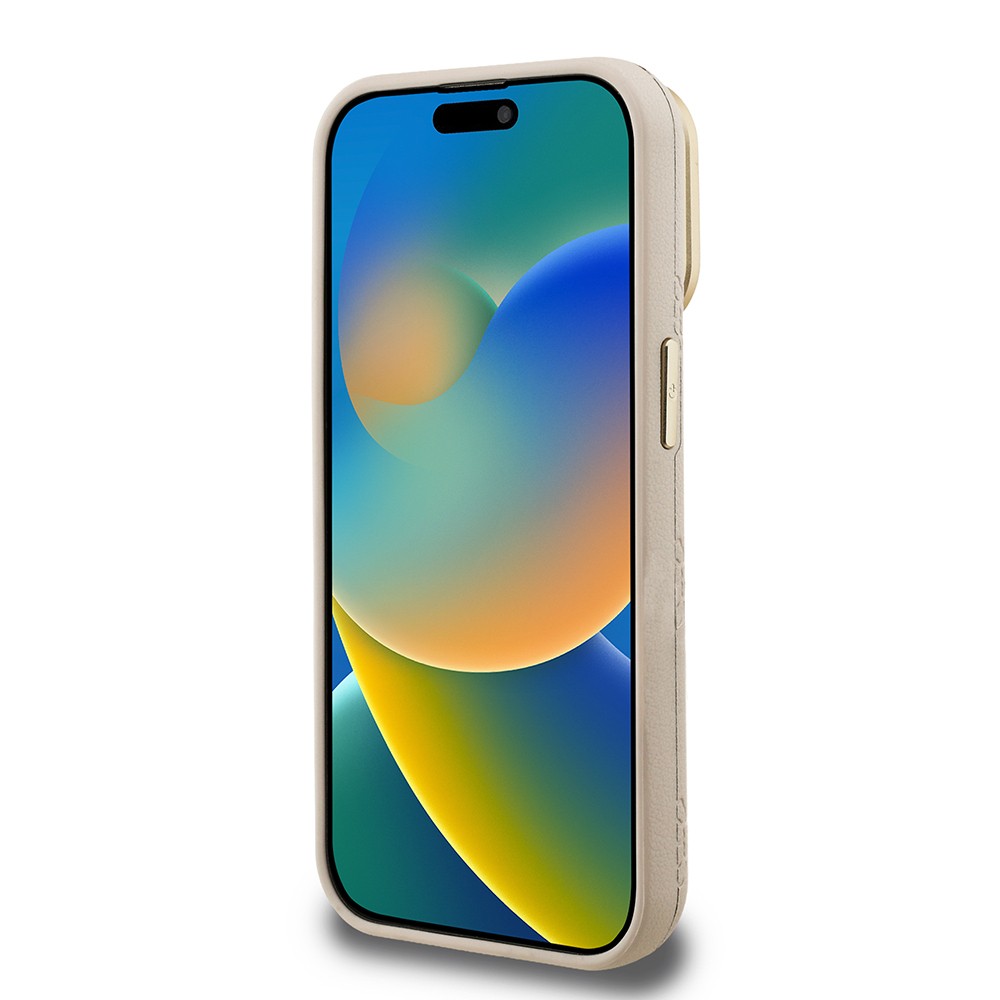 Apple iPhone 15 Pro Kılıf Guess Orjinal Lisanslı M-safe Şarj Özellikli Sıcak Baskılı Yazı Logolu Kamera Standlı PU Deri Peony Kapak