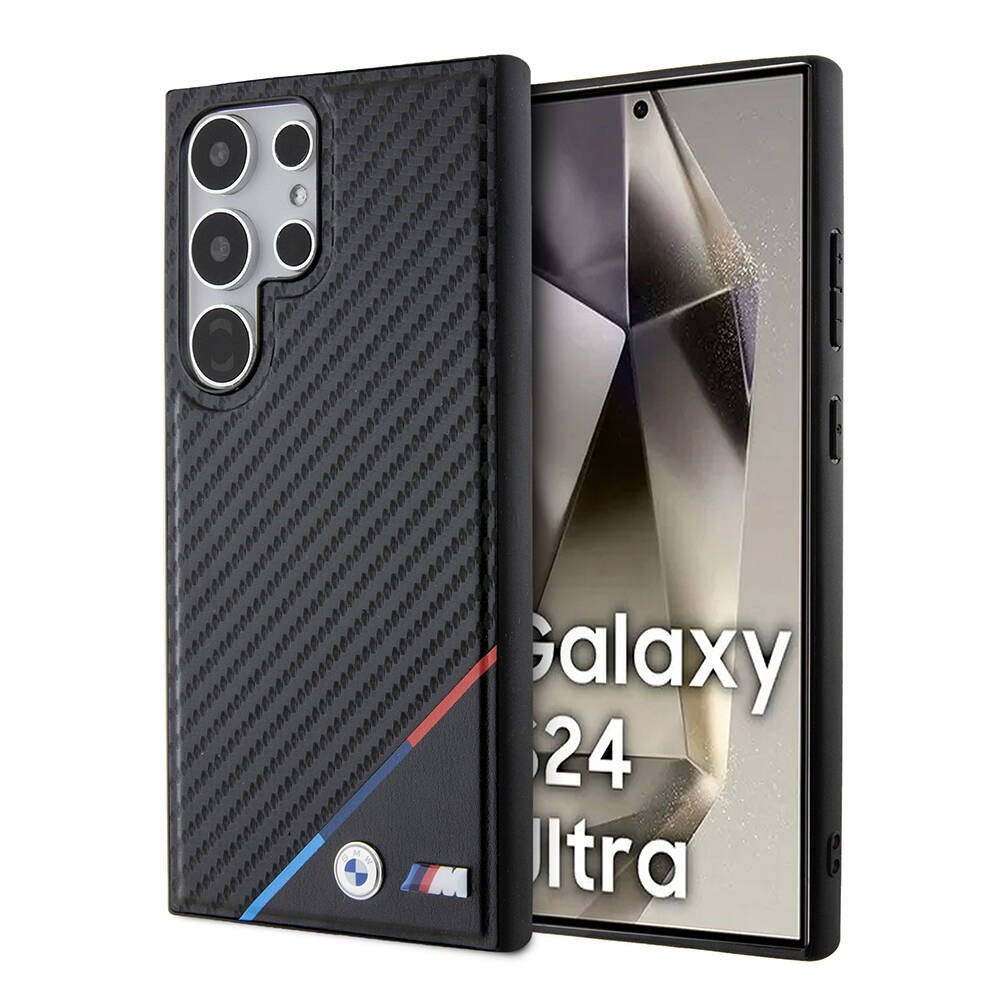 Galaxy S24 Ultra Kılıf BMW Orjinal Lisanslı Magsafe Şarj Özellikli M Logolu Üç Çizgili PU Karbon Kılıf