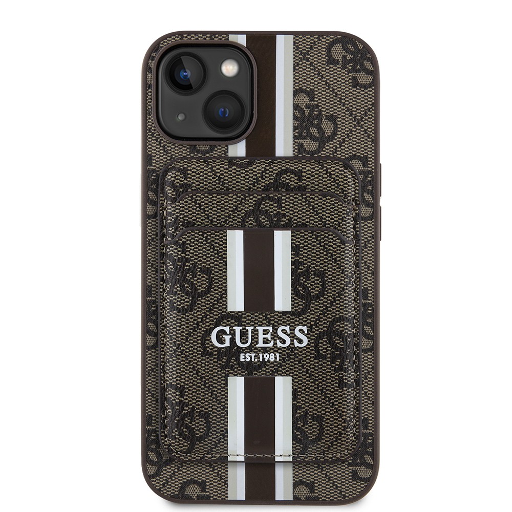 Apple iPhone 14 Kılıf Guess Orjinal Lisanslı M-safe Şarj Özellikli 4G Desenli Çizgili Kartlıklı Kapak
