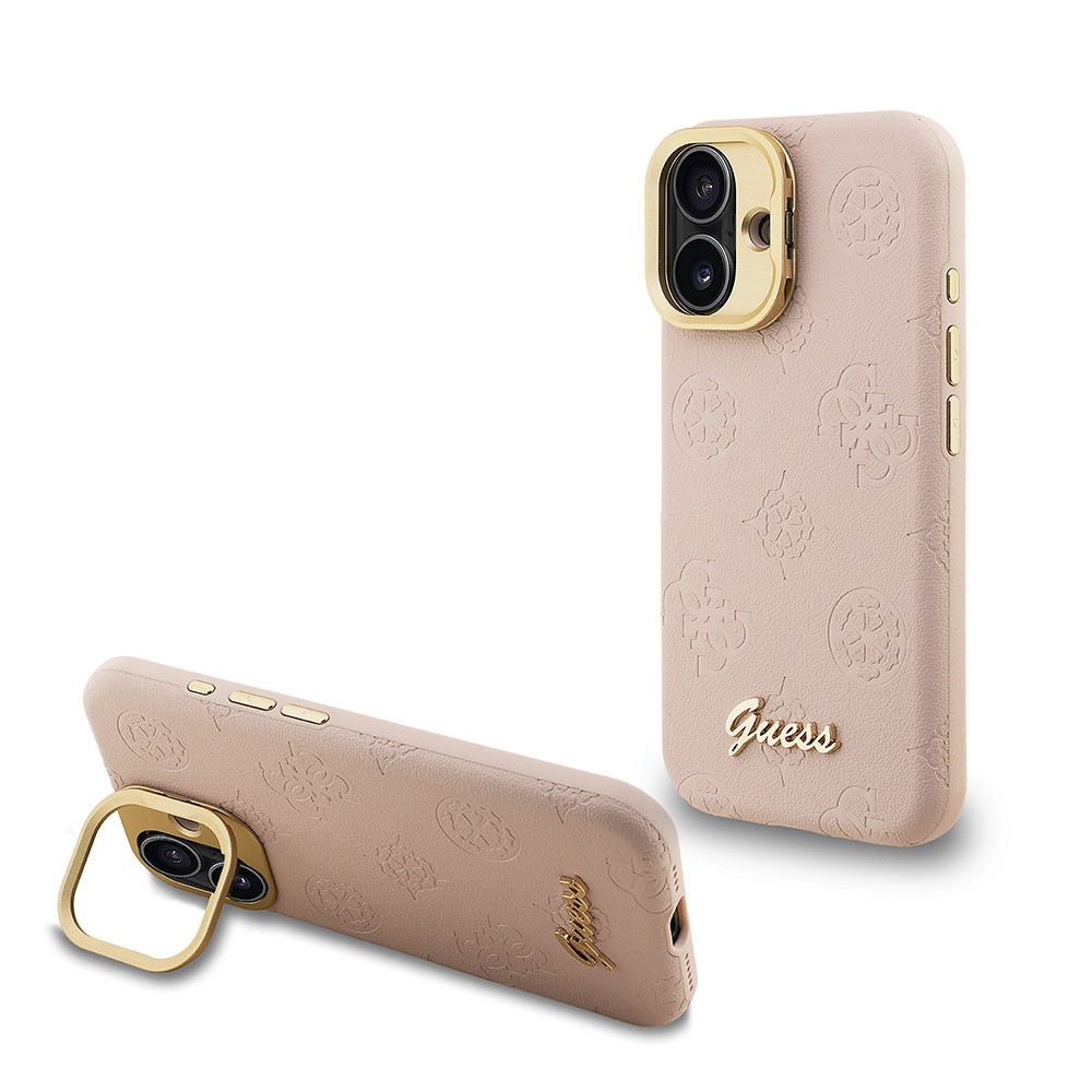 Apple iPhone 16 Kılıf Guess Orjinal Lisanslı M-safe Şarj Özellikli Sıcak Baskılı Yazı Logolu Kamera Standlı PU Deri Peony Kapak
