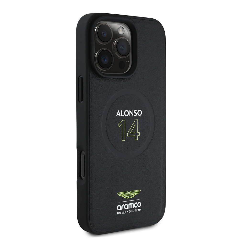 Apple iPhone 16 Pro Max Kılıf Aston Martin Orjinal Lisanslı M-safe Şarj Özellikli PU Deri Alonso 14 Baskılı Kapak