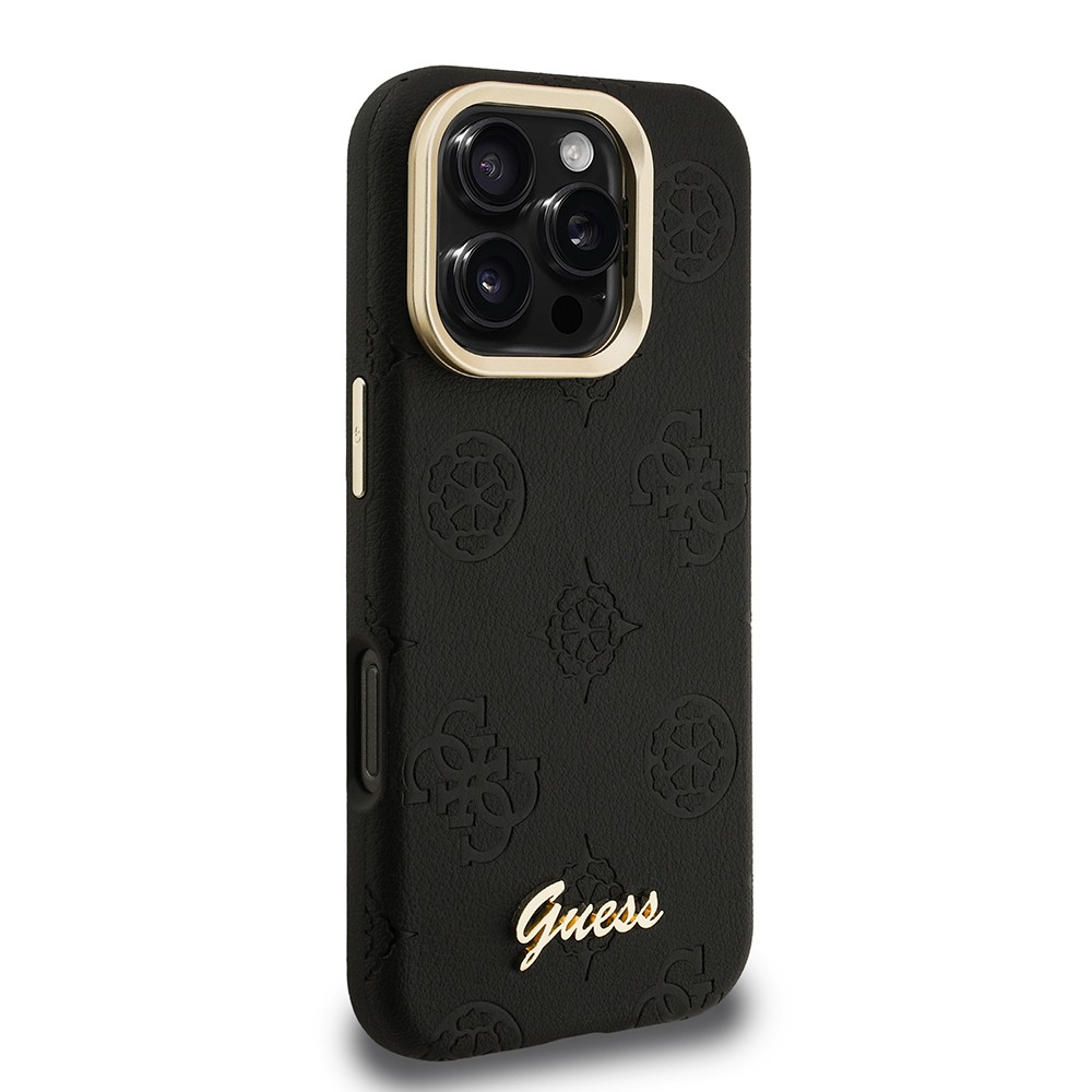 Apple iPhone 16 Pro Kılıf Guess Orjinal Lisanslı M-safe Şarj Özellikli Sıcak Baskılı Yazı Logolu Kamera Standlı PU Deri Peony Kapak