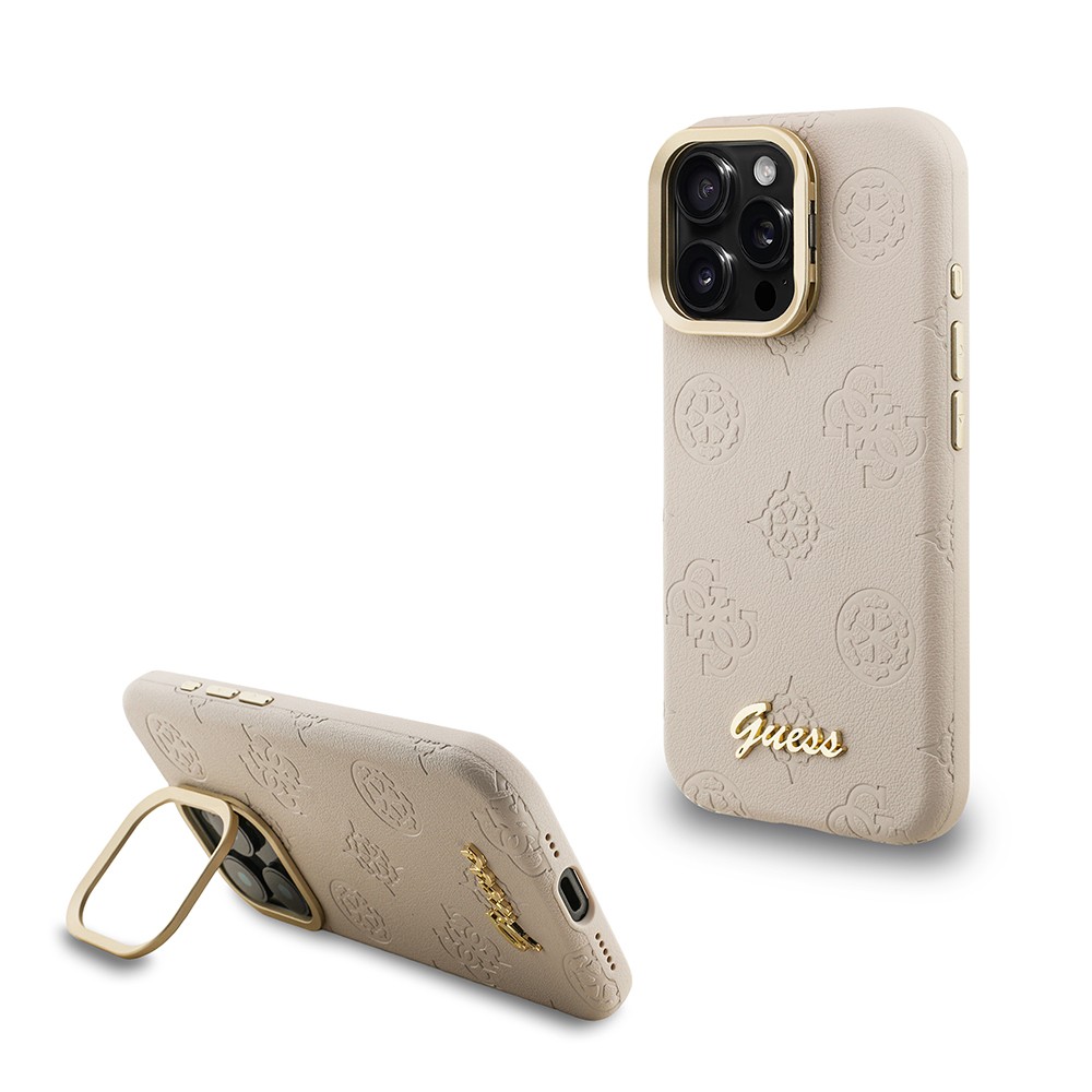 Apple iPhone 15 Pro Kılıf Guess Orjinal Lisanslı M-safe Şarj Özellikli Sıcak Baskılı Yazı Logolu Kamera Standlı PU Deri Peony Kapak
