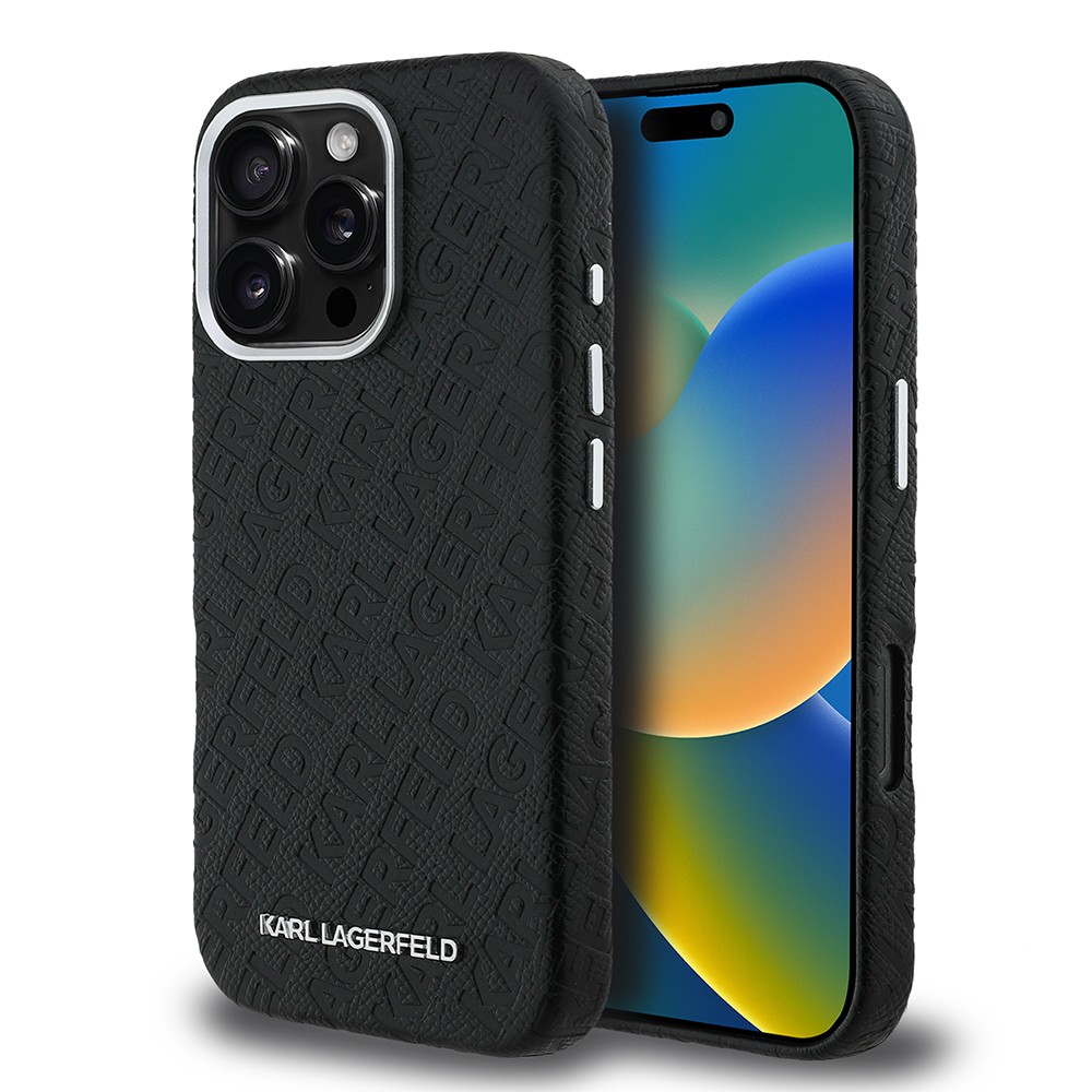 Apple iPhone 16 Pro Kılıf Karl Lagerfeld Orjinal Lisanslı PU Deri Damgalı Metal Yazı Logolu Kapak