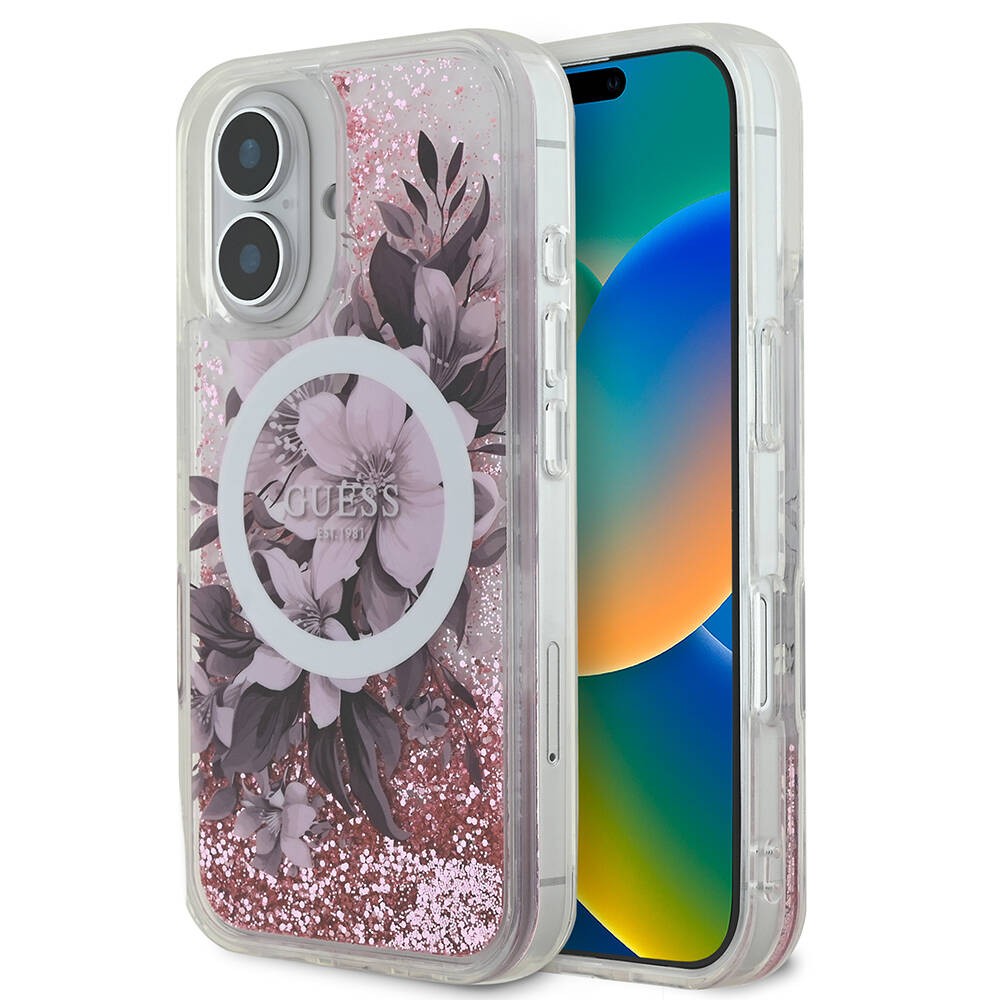 iPhone 16 Kılıf Guess Orjinal Lisanslı Magsafe Şarj Özellikli LIQ Glitter Flower Kılıf