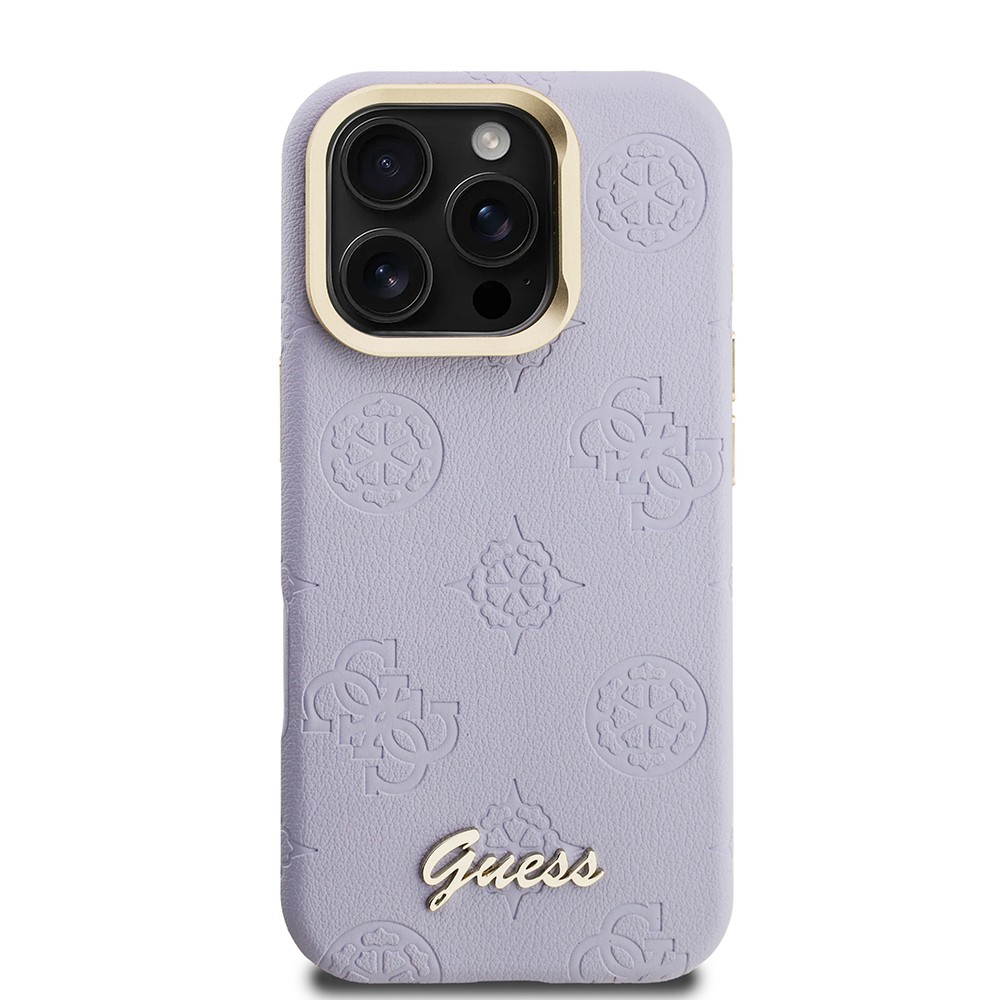 Apple iPhone 16 Pro Max Kılıf Guess Orjinal Lisanslı M-safe Şarj Özellikli Sıcak Baskılı Yazı Logolu Kamera Standlı PU Deri Peony Kapak