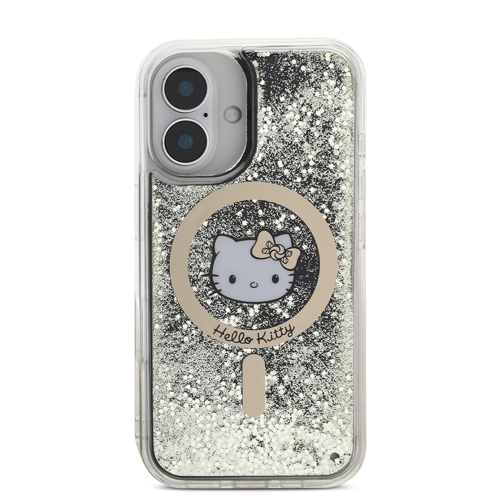 iPhone 16 Kılıf Hello Kitty Orjinal Lisanslı Magsafe Şarj Özellikli IML Baskı Kitty Head Logolu Sıvılı Simli Altın Ateşi Kılıf