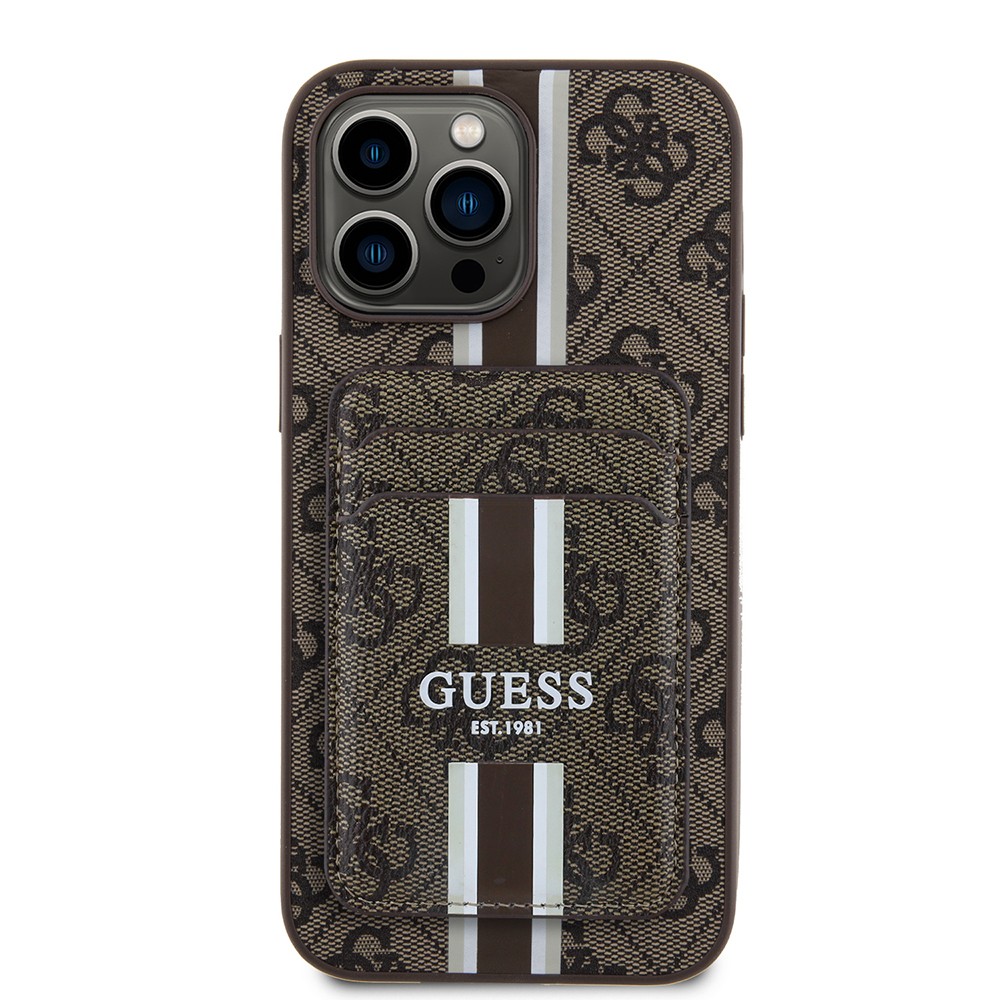 Apple iPhone 14 Pro Max Kılıf Guess Orjinal Lisanslı M-safe Şarj Özellikli 4G Desenli Çizgili Kartlıklı Kapak