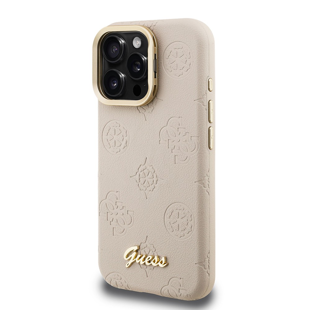 Apple iPhone 15 Pro Kılıf Guess Orjinal Lisanslı M-safe Şarj Özellikli Sıcak Baskılı Yazı Logolu Kamera Standlı PU Deri Peony Kapak