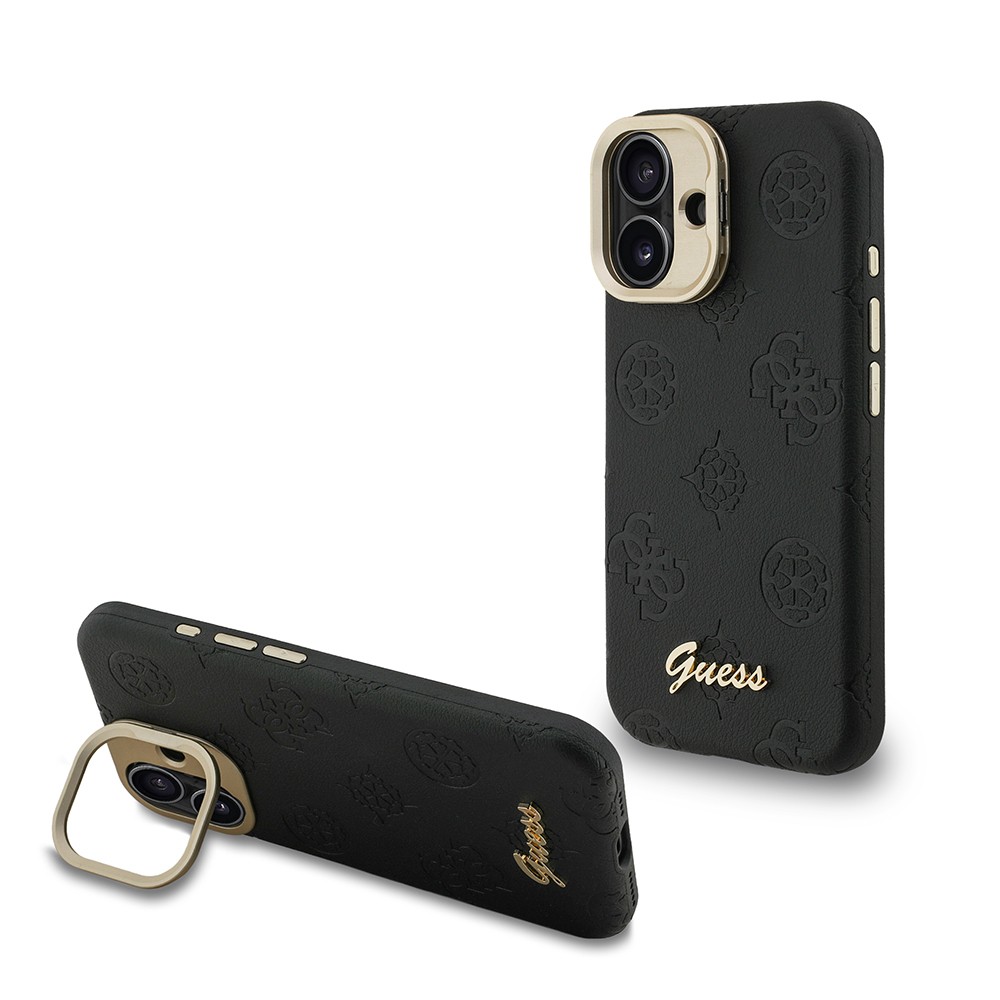 Apple iPhone 16 Kılıf Guess Orjinal Lisanslı M-safe Şarj Özellikli Sıcak Baskılı Yazı Logolu Kamera Standlı PU Deri Peony Kapak