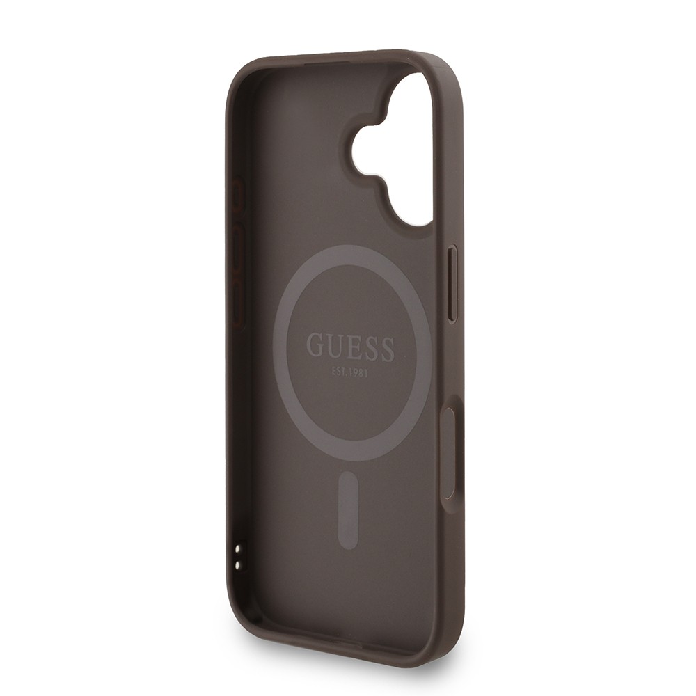Apple iPhone 16 Plus Kılıf Guess Orjinal Lisanslı M-safe Şarj Özellikli PU Deri Bilek Askı İpli Yazı Logolu Kapak