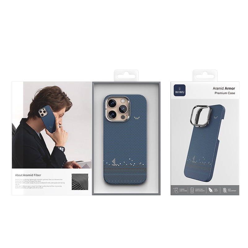 Apple iPhone 16 Pro Max Kılıf Wiwu DCC-209 M-safe Şarj Özellikli Kamera Standlı Aramid Fiber Tasarım Kevlar Kapak