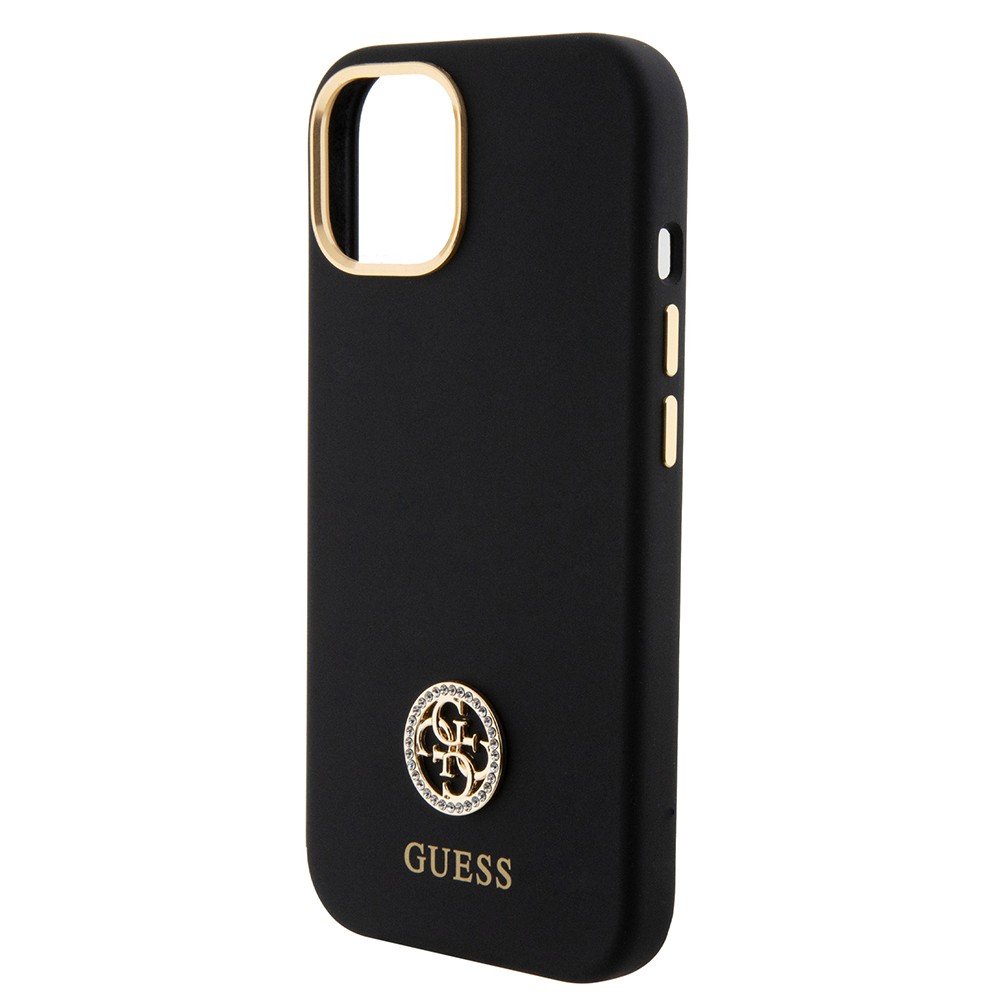 Apple iPhone 15 Kılıf Guess Orjinal Lisanslı Yazı ve Taşlı 4G Logolu Metal Kamera Çerçeveli Silikon Kapak
