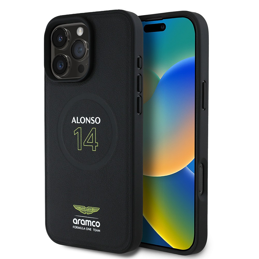 Apple iPhone 16 Pro Max Kılıf Aston Martin Orjinal Lisanslı M-safe Şarj Özellikli PU Deri Alonso 14 Baskılı Kapak
