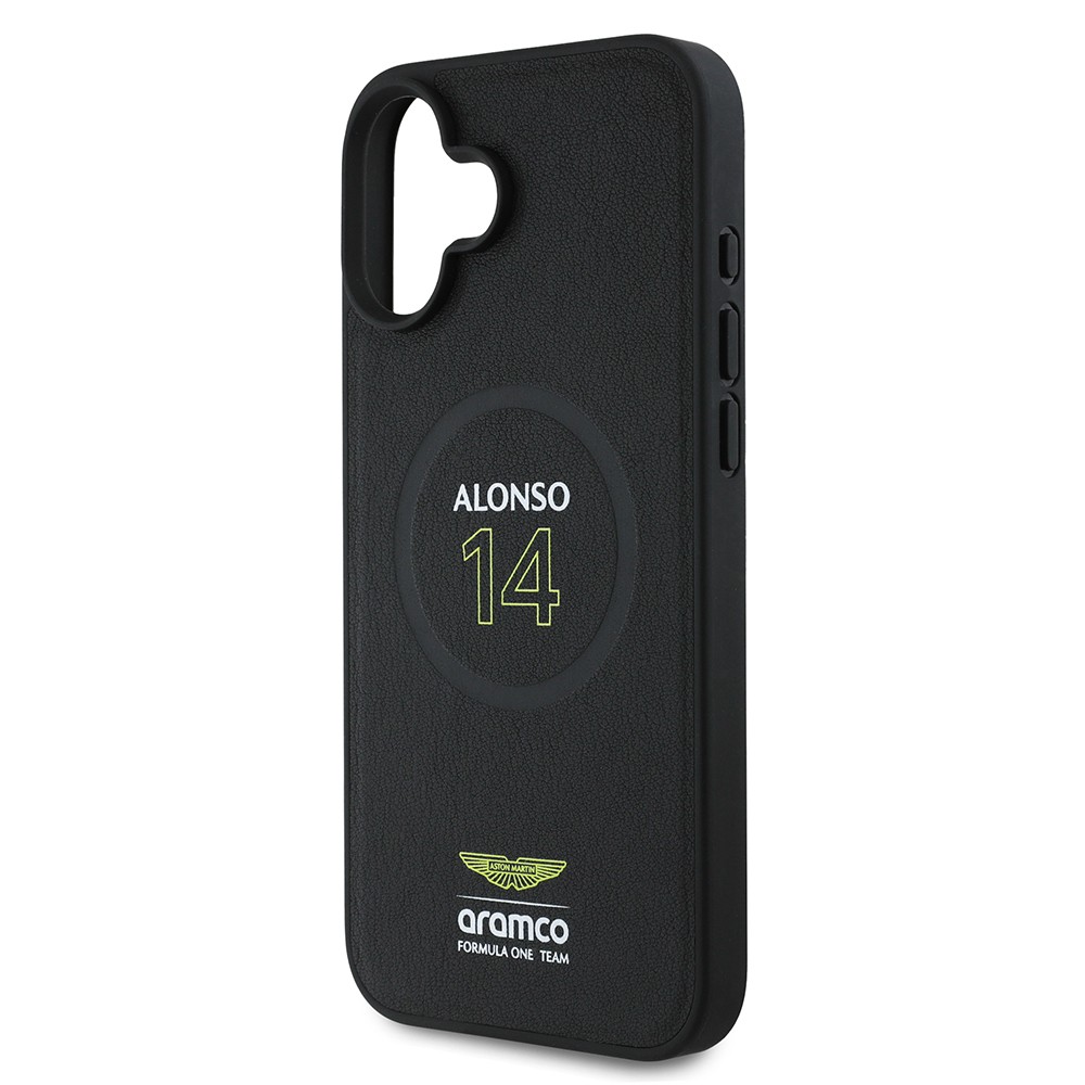 Apple iPhone 16 Plus Kılıf Aston Martin Orjinal Lisanslı M-safe Şarj Özellikli PU Deri Alonso 14 Baskılı Kapak