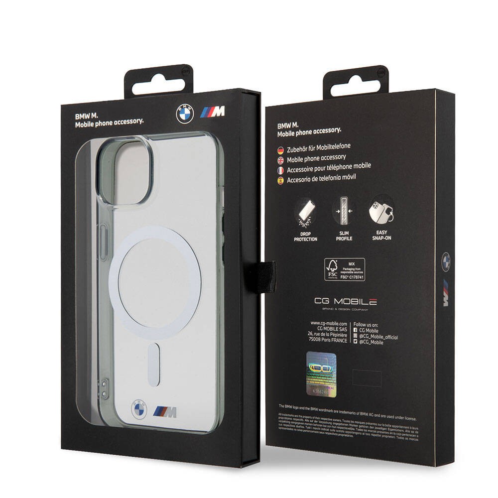 iPhone 15 Kılıf BMW Magsafe Şarj Özellikli Transparan Silver Ring Orjinal Lisanslı Kılıf