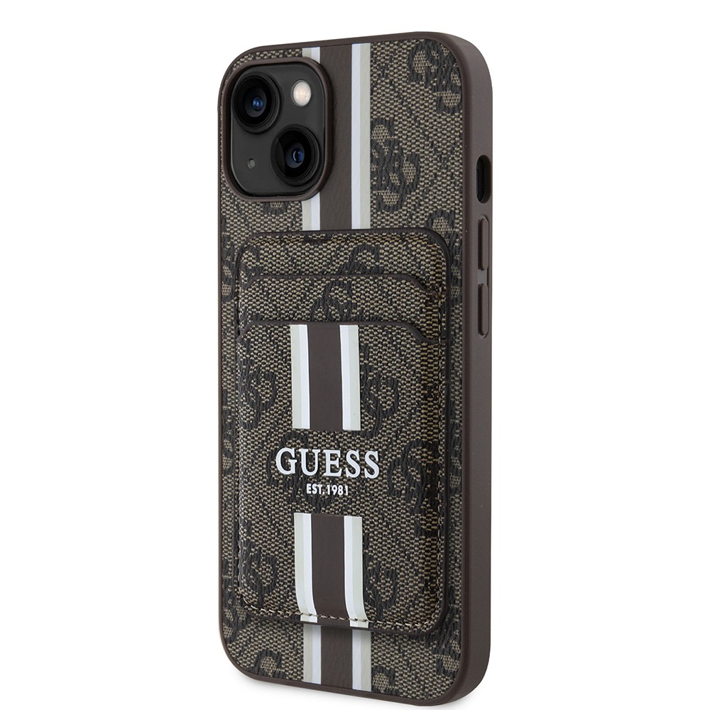 Apple iPhone 15 Kılıf Guess Orjinal Lisanslı M-safe Şarj Özellikli 4G Desenli Çizgili Kartlıklı Kapak