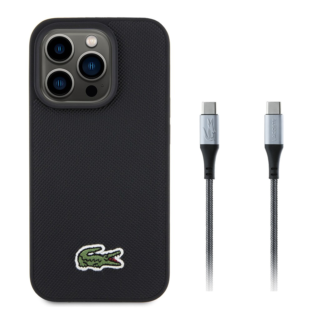 Apple iPhone 15 Pro Max Kılıf Lacoste Orjinal Lisanslı PU Pike Desenli Arka Yüzey İkonik Timsah Dokuma Logolu Kapak + Type-C Kablo 1.5m