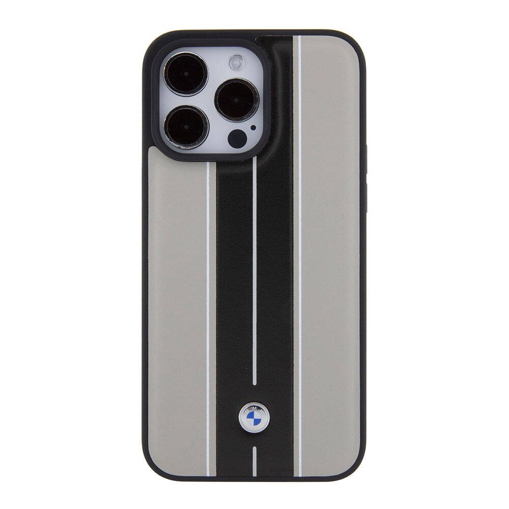 iPhone 15 Pro Kılıf BMW Orjinal Lisanslı Deri Arka Yüzey Metal Logolu Çift Şerit Tasarımlı Kılıf