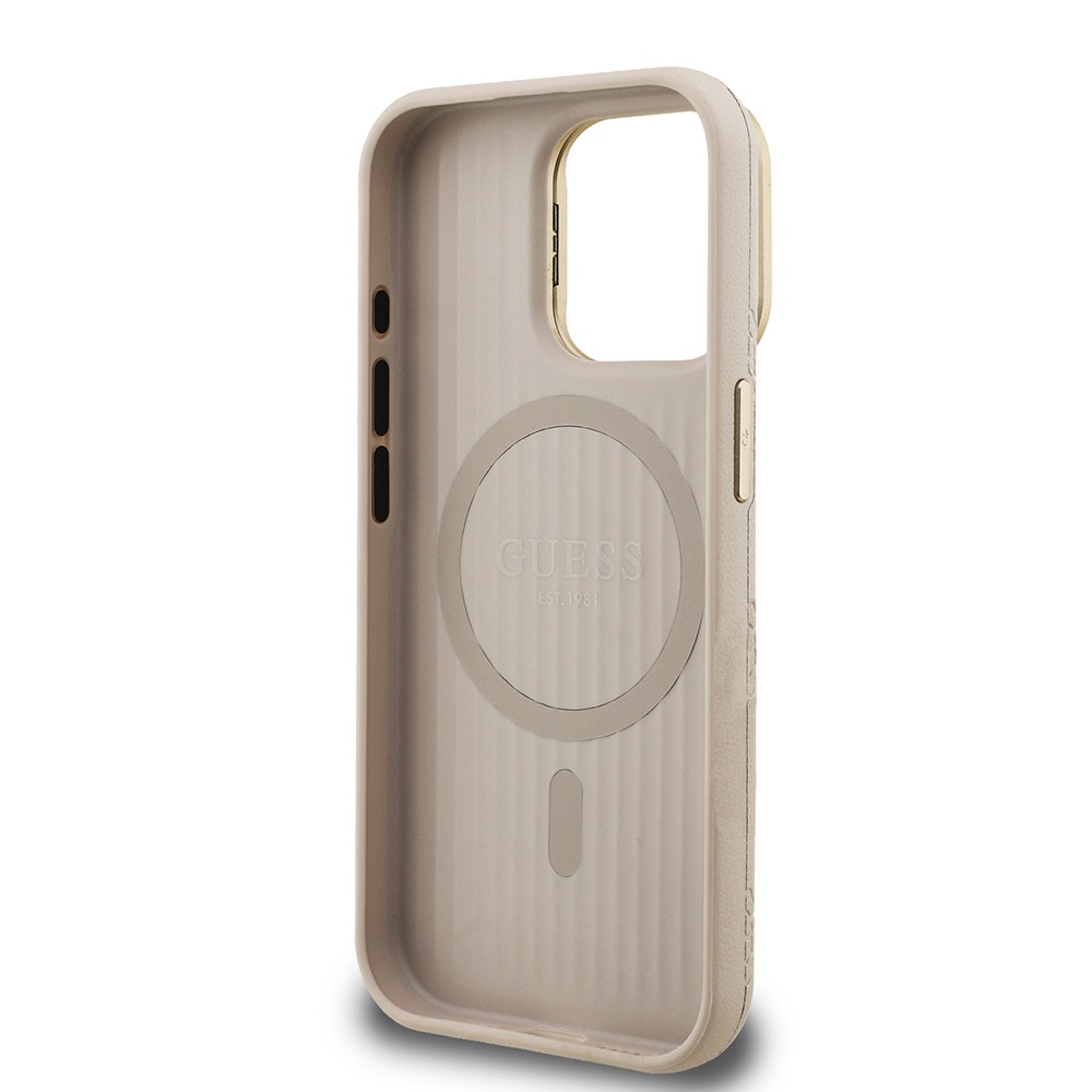 Apple iPhone 15 Pro Kılıf Guess Orjinal Lisanslı M-safe Şarj Özellikli Sıcak Baskılı Yazı Logolu Kamera Standlı PU Deri Peony Kapak
