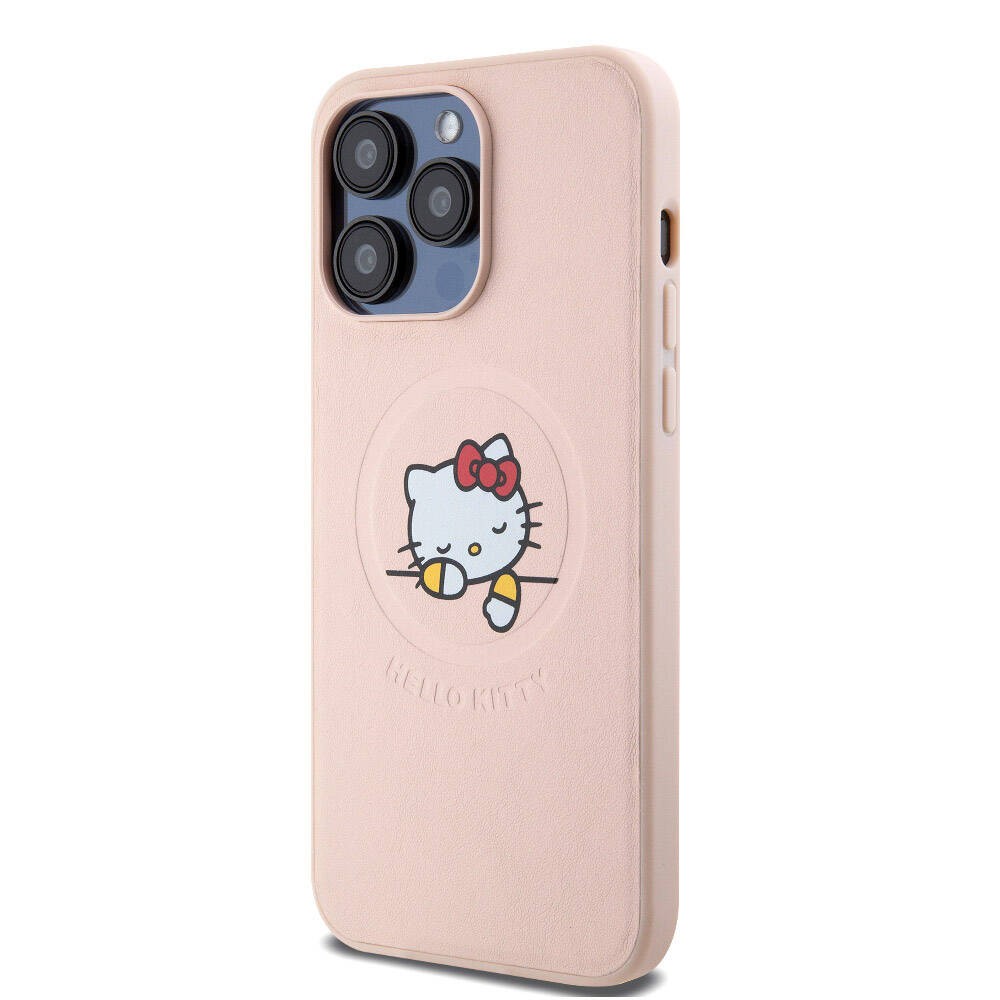 iPhone 15 Pro Max Kılıf Hello Kitty Orjinal Lisanslı Magsafe Şarj Özellikli Baskı Logolu Uyuyan Kitty Deri Kılıf