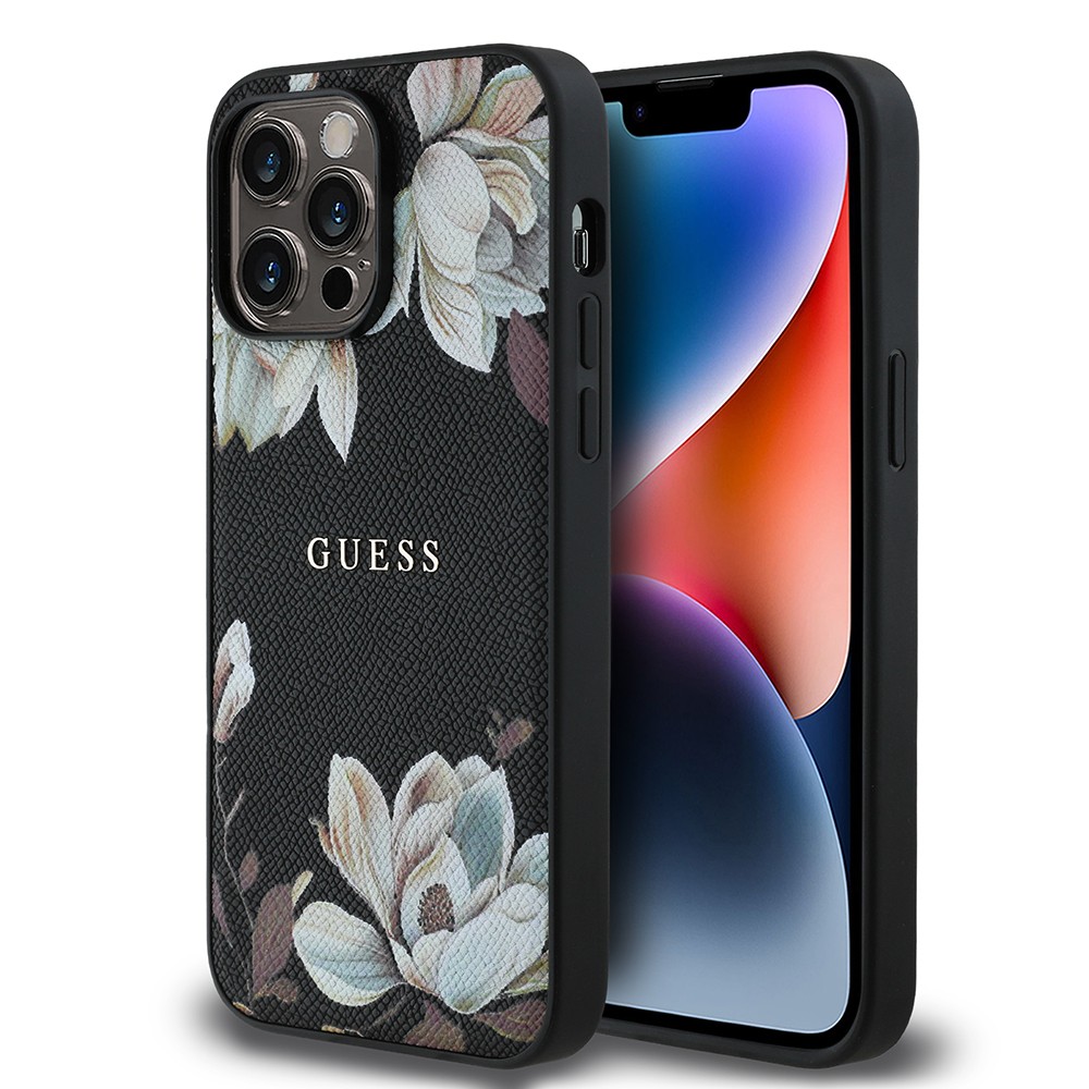 Apple iPhone 14 Pro Max Kılıf Guess Orjinal Lisanslı M-safe Şarj Özellikli Taneli Çiçek Tasarımlı Metal Yazı Logolu Kapak
