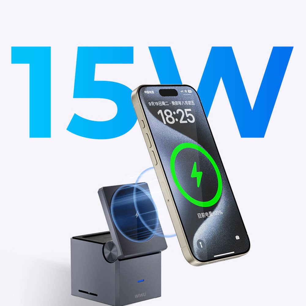 Wiwu Wi-W030 Small Square Küp Tasarımlı Telefon & Akıllı Saat & Kulaklık İçin 15W 3in1 Kablosuz Şarj Standı