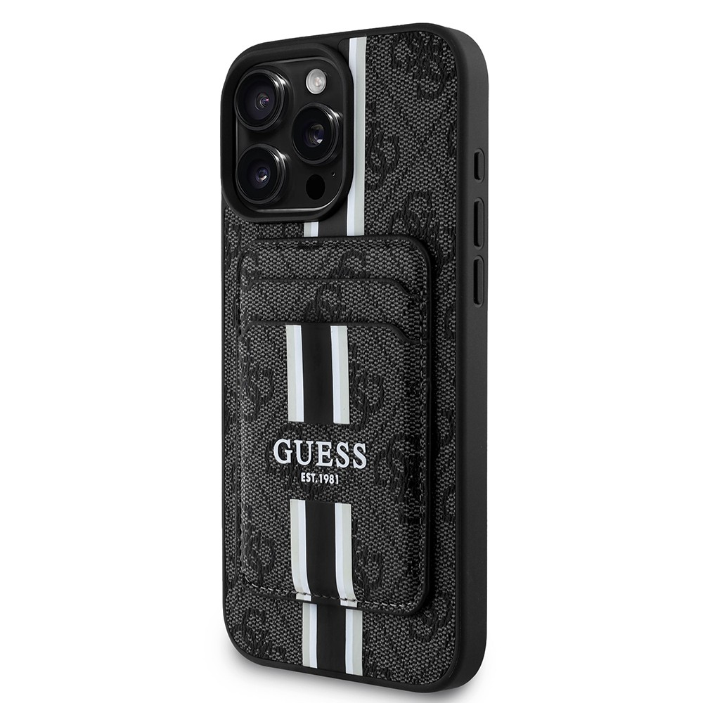 Apple iPhone 15 Pro Max Kılıf Guess Orjinal Lisanslı M-safe Şarj Özellikli 4G Desenli Çizgili Kartlıklı Kapak