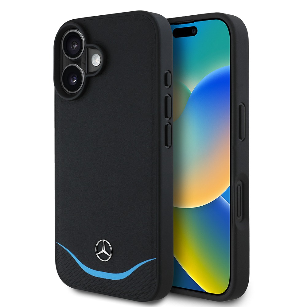 Apple iPhone 16 Kılıf Mercedes Benz Orjinal Lisanslı M-safe Şarj Özellikli 3D Metal Logolu Mavi Yatay Eğri Çizgili Deri Kapak