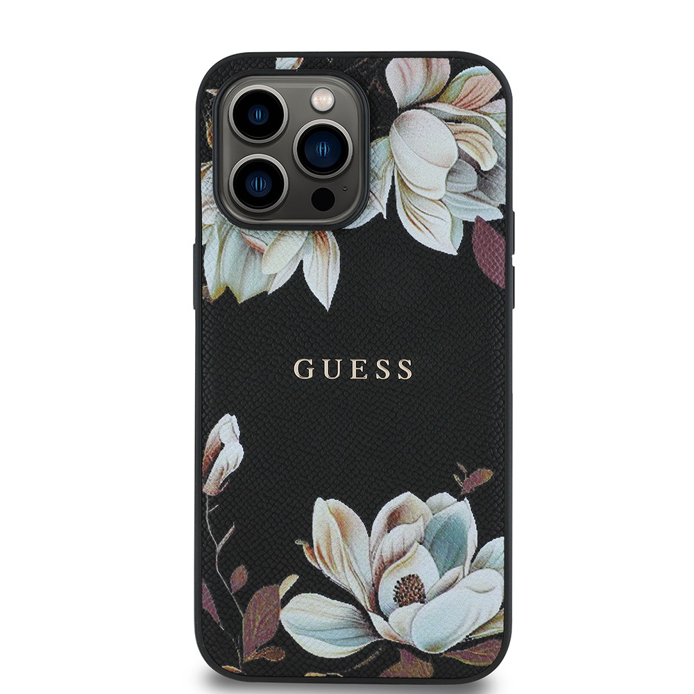 Apple iPhone 14 Pro Max Kılıf Guess Orjinal Lisanslı M-safe Şarj Özellikli Taneli Çiçek Tasarımlı Metal Yazı Logolu Kapak
