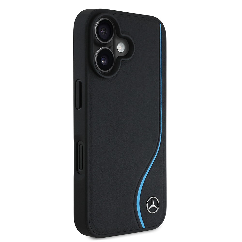 Apple iPhone 16 Kılıf Mercedes Benz Orjinal Lisanslı M-safe Şarj Özellikli 3D Metal Logolu Mavi Dikey Eğri Çizgili Deri Kapak