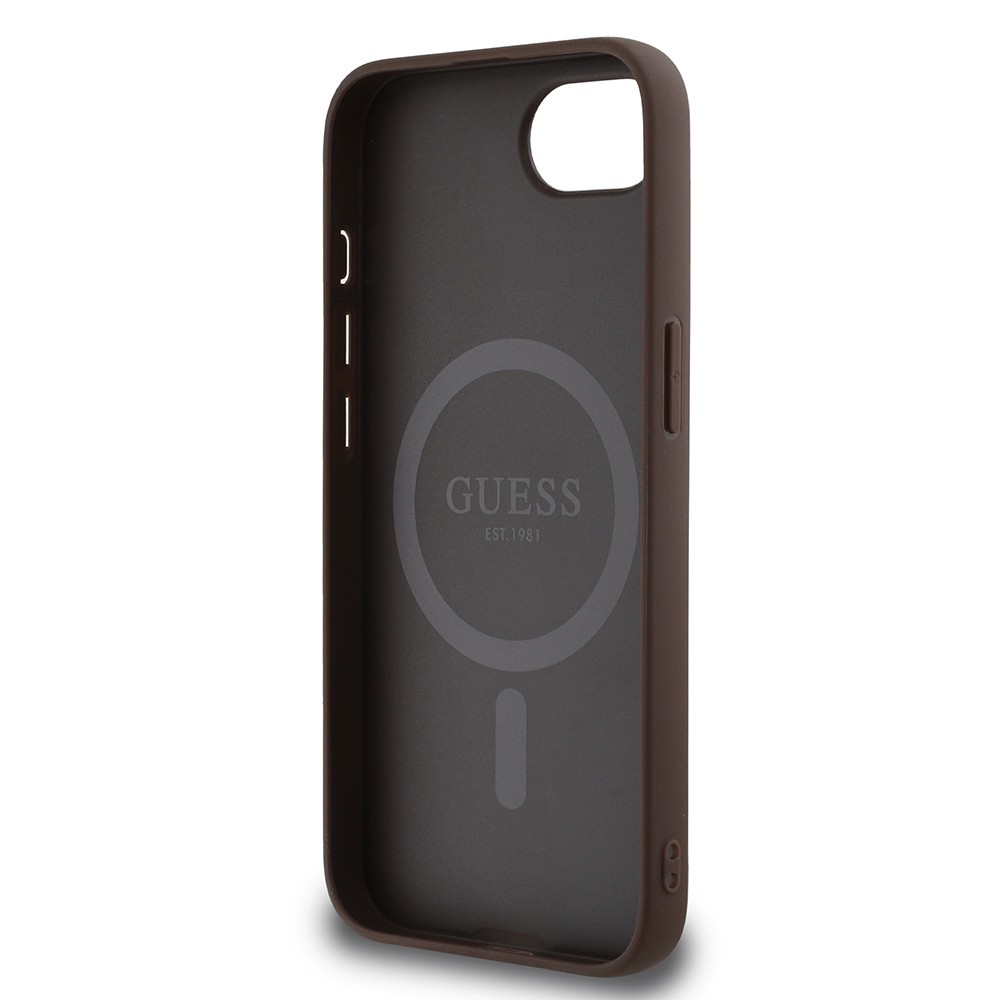 Apple iPhone 16E Kılıf Guess Orjinal Lisanslı M-safe Şarj Özellikli PU Üçgen Logo 4G Desenli Kapak