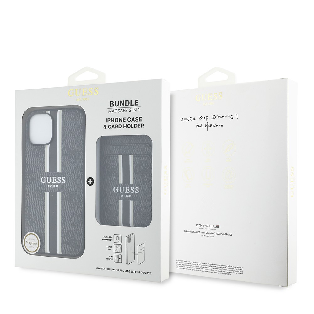 Apple iPhone 15 Kılıf Guess Orjinal Lisanslı M-safe Şarj Özellikli 4G Desenli Çizgili Kartlıklı Kapak