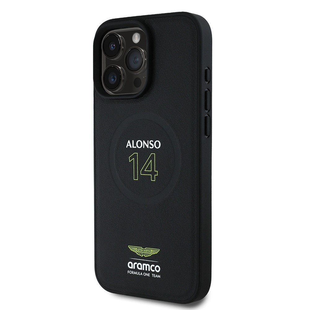 Apple iPhone 16 Pro Max Kılıf Aston Martin Orjinal Lisanslı M-safe Şarj Özellikli PU Deri Alonso 14 Baskılı Kapak